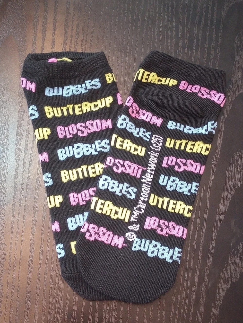 The Powerpuff Girls Black Ankle Socks with Colorful Text Pattern Size 4-10